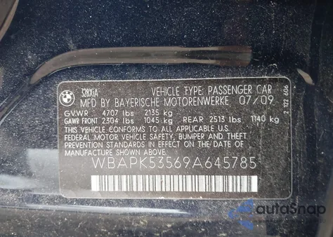 2009 BMW 328I xDrive из США, поврежденный, VIN WBAPK53569A645785